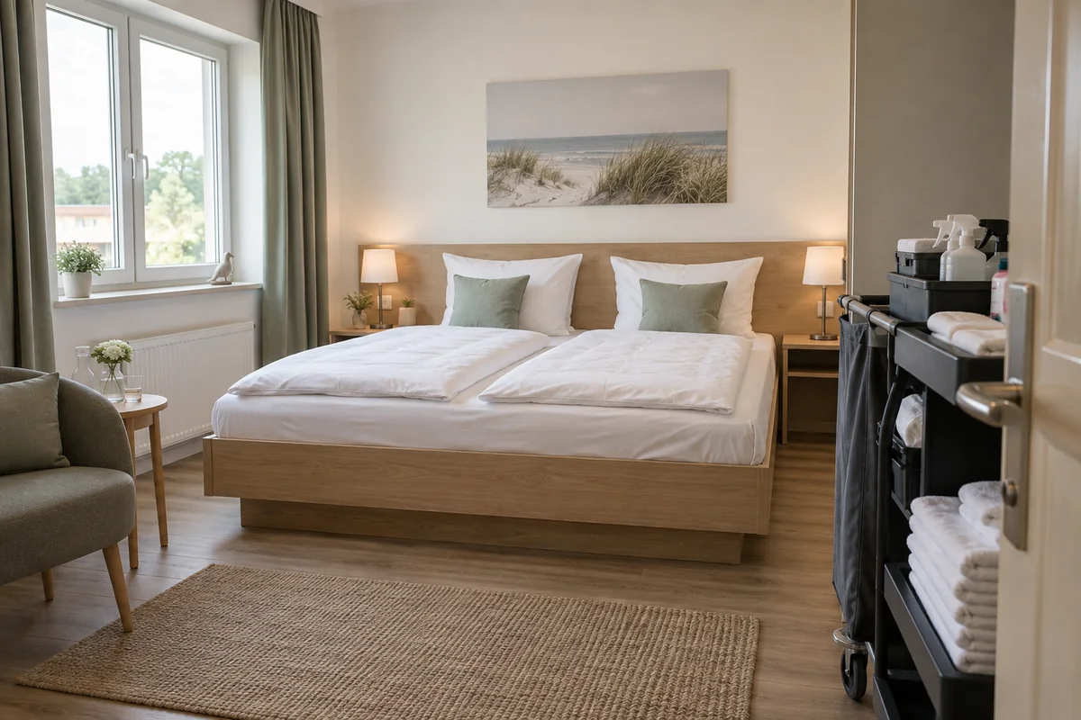 Gepflegtes Gästezimmer mit frisch hergerichtetem Bett.