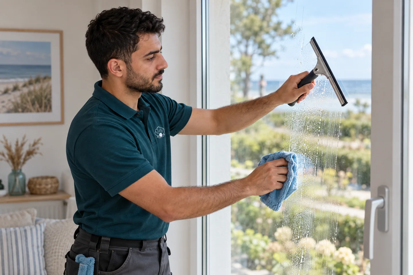 Fensterreiniger säubert eine Glasscheibe mit Abzieher und Tuch.